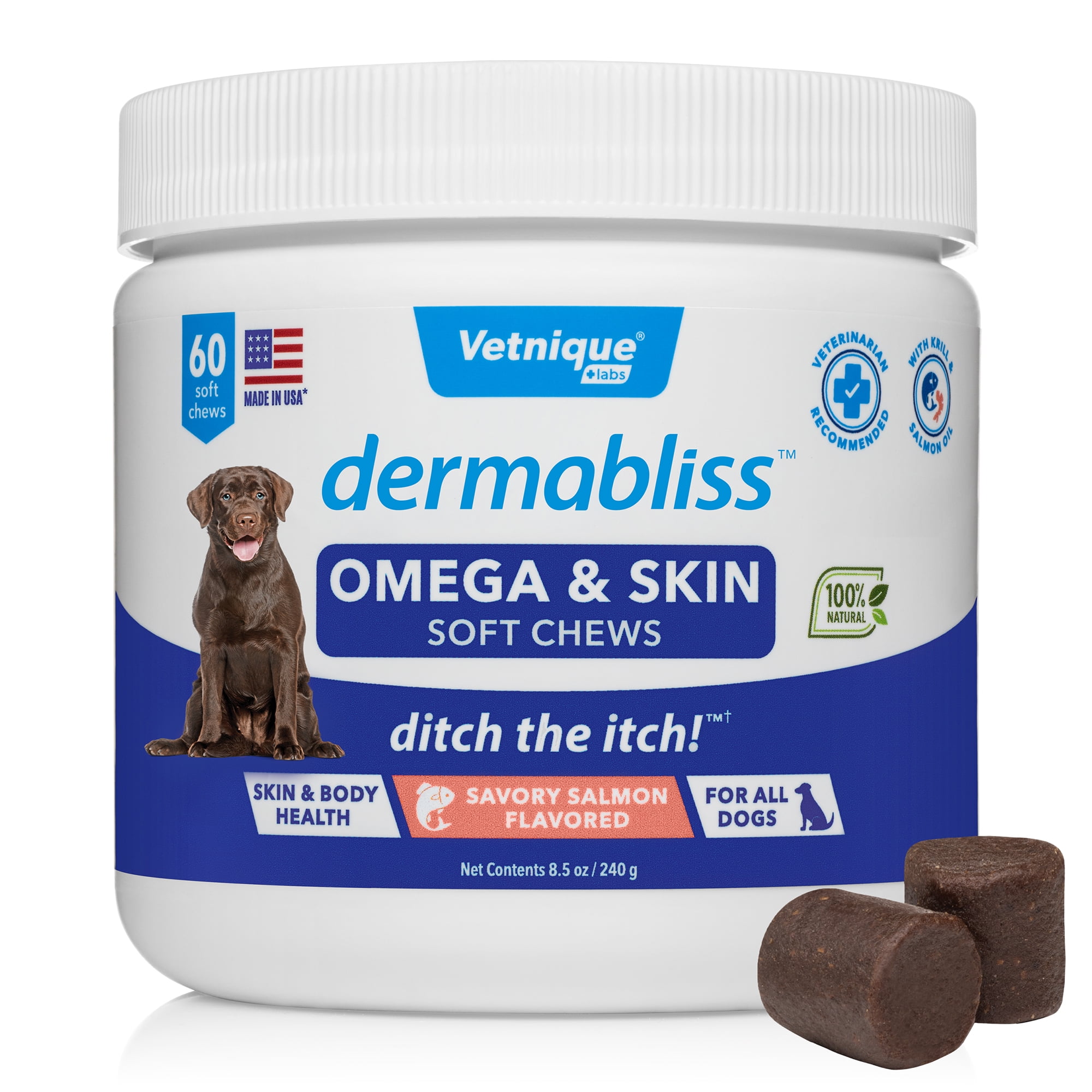 Vetnique Labs Dermabliss Omega & Skin Health Chews for Dogs with Omega 3-6-9  - Ditch the Itch - 60ct Hickory Salmon Flavored Soft Chews 