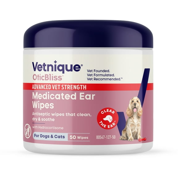 Vetnique Labs Oticbliss Advanced Ear Cleanser Wipes, for All Dogs and Cats, 50 Count