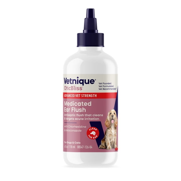 Vetnique Labs OticBliss Advanced Vet Strength Medicated Cat and Dog Ear Cleaning Flush with Chlorhexidine, 4 fl oz