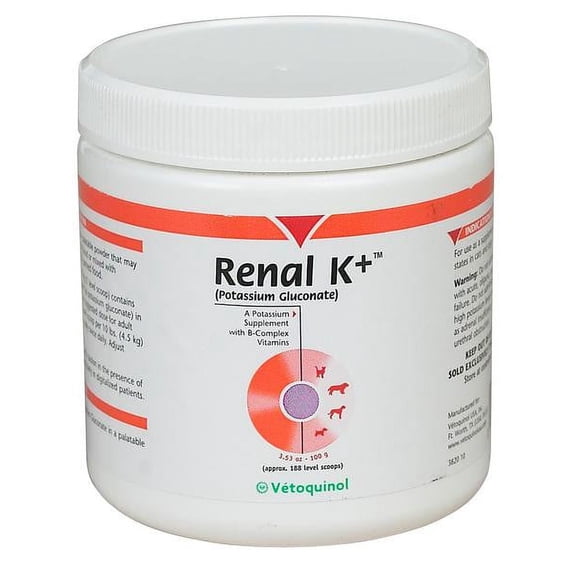 Vetoquinol Renal K+ (Potassium Gluconate) Potassium Supplement Powder for Dogs and Cats, 3.5oz