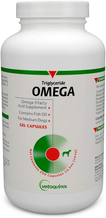 Vetoquinol Triglyceride Omega 3 Supplement for Medium Dogs, Dog Fish Oil Supplement with EPA and DHA, Promotes Skin, Coat, Joint, and Immune Health, Omega 3 Fish Oil for Dogs 40-79 lbs, 250ct