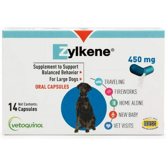 Vetoquinol Zylkene Calming Behavior Support Supplement, Helps Promote Relaxation and Reduce External Stress Factors, Daily Behavioral Support and Anxiety Relief, Dog or Cat, 65lbs+, 450mg, 14ct