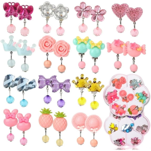 14 Pairs Clip on Earrings for Girls, No Pierced Earrings Dress up Pretend Princess Play Jewelry Toys for Kids