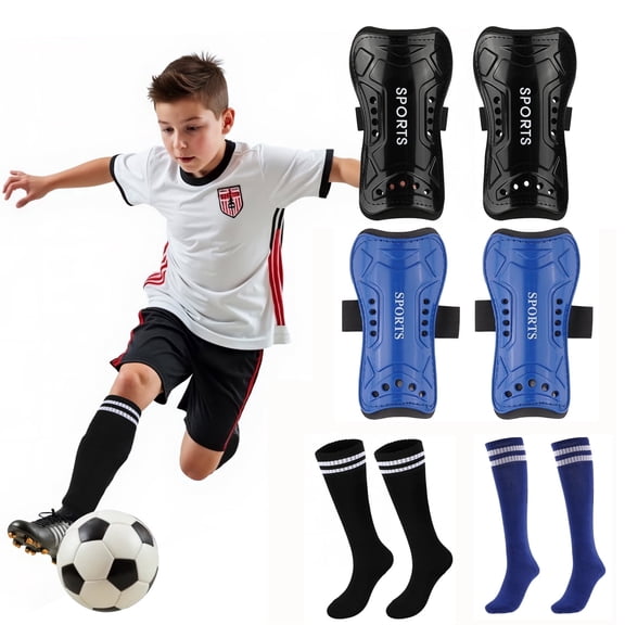 Vetpw 2 Pairs Soccer Shin Guards and Socks for Toddler Kids Youth, Lightweight Soccer Shin Pads Protective Defender Gear for 3-5, 5-10, 10-15 Years Old Children Teen Sports Game, Black&Blue