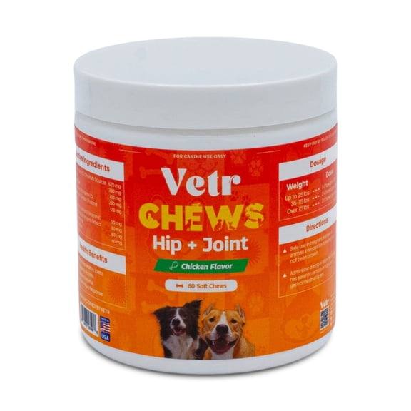 Vetr Hip and Joint Chicken Flavored Chews for Dogs - Glucosamine Chondroitin MSM Supplement - 60 Chewable Tablets - Vet-Formulated in USA