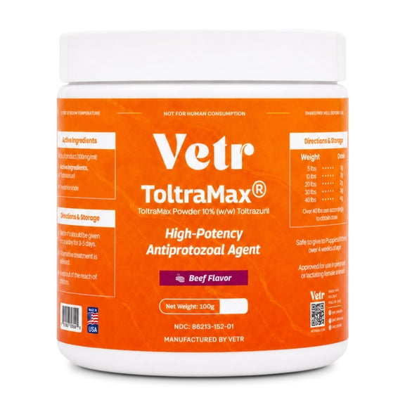 Vetr Toltramax 10% Oral Powder for Horses, Dogs, & Cats, Beef Flavor, Easy-to-Measure, 100 g