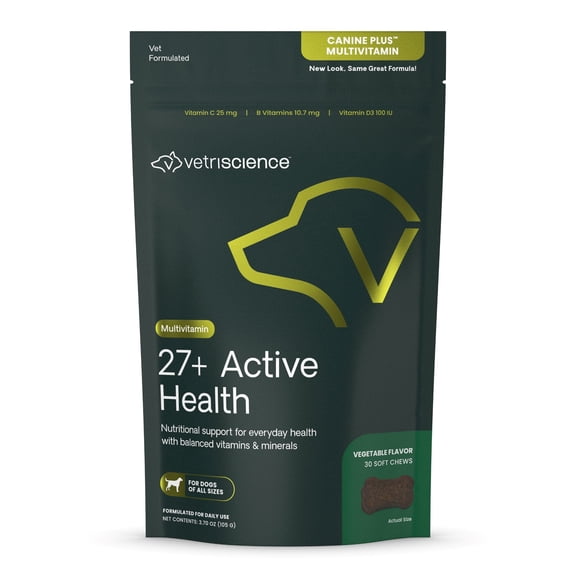 VetriScience 27+ Active Health, Multivitamin Chews for Senior Dogs, Vegetable Flavor, 30 Count Bag