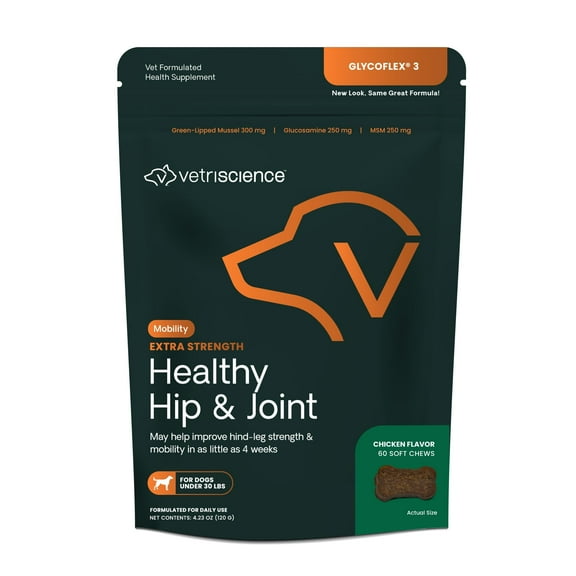 VetriScience Extra Strength Healthy Hip & Joint Glucosamine Supplement Chew for Small Dogs, Chicken Flavor, 60 Count Bag