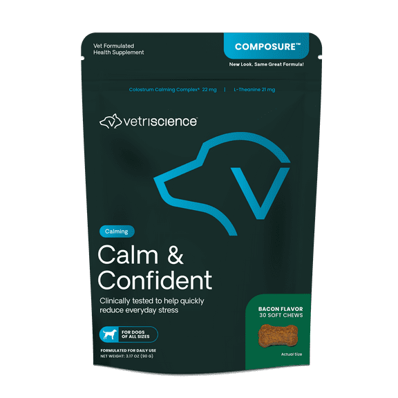 VetriScience Calm & Confident Anxiety Supplement Chews for Dogs, Bacon Flavor, 30 Count Bag