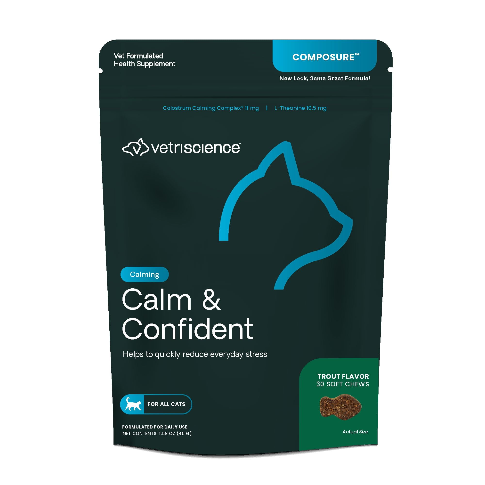 VetriScience Calm & Confident Chews, Composure SMRCalming and Anxiety Supplement for Cats, Reduce Stress and Fear, Ideal for Travel, Vet, Grooming and Routine Changes, Trout, 30 Count