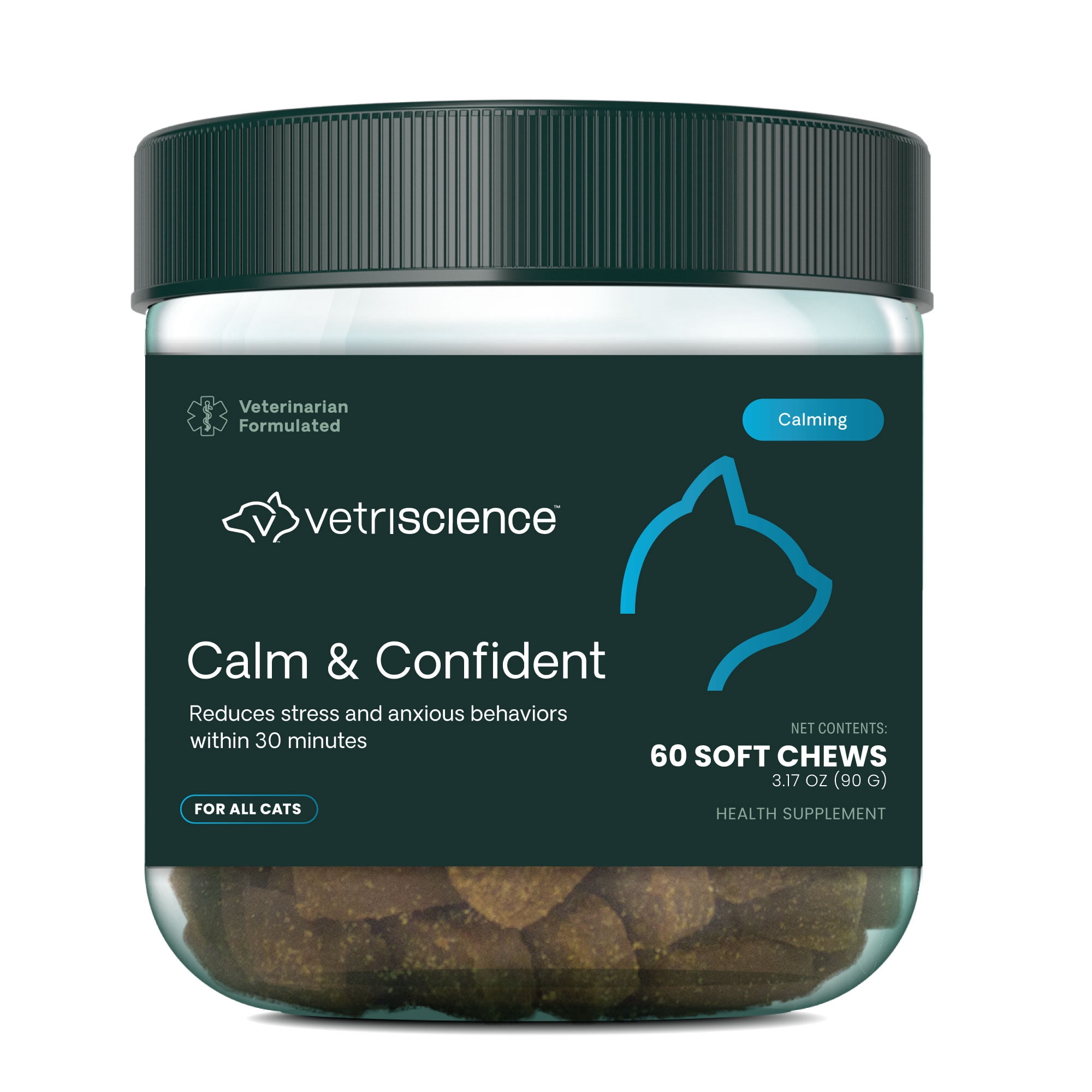 VetriScience Calm & Confident Anxiety Supplement Chews for Cats, Chicken Flavor, 60 Count Jar