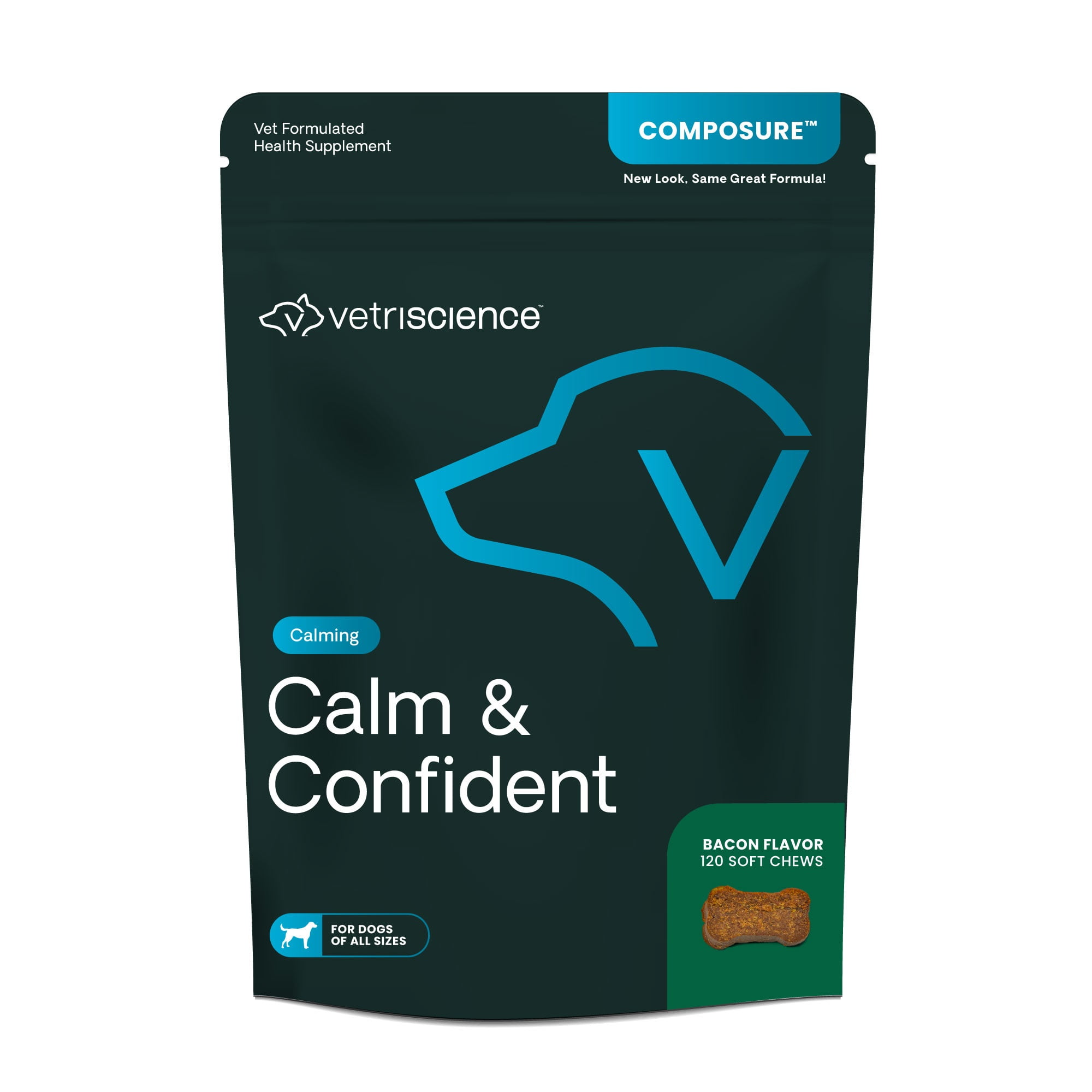 VetriScience Calm and Confident, Calming and Anxiety Support for Dogs, Bacon Flavor Chews, 120 Count Chews