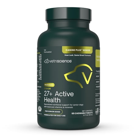 VetriScience 27+ Active Health Aging Multivitamin Chewable Tablets for Senior Dogs, Duck Flavor, 60 Count Bottle