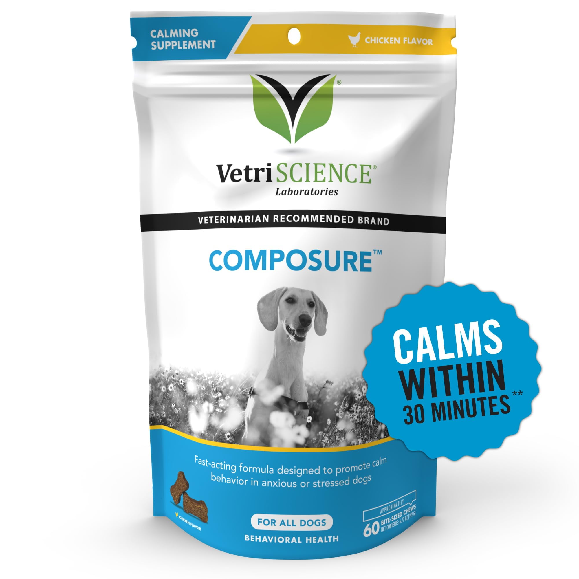 VetriScience Composure Calming Chews for Dogs - Clinically Proven Dog Anxiety Relief Supplement with Colostrum, L-Theanine & Vitamin B1 for Stress, Storms, Separation & More - 60 Count, Chicke