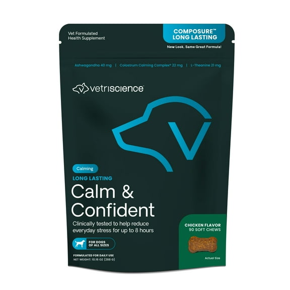 VetriScience Composure Long Lasting for Dogs, Calming Behavior and Anxiety Support, Chicken Liver Flavor, 90 Bite Sized Chews
