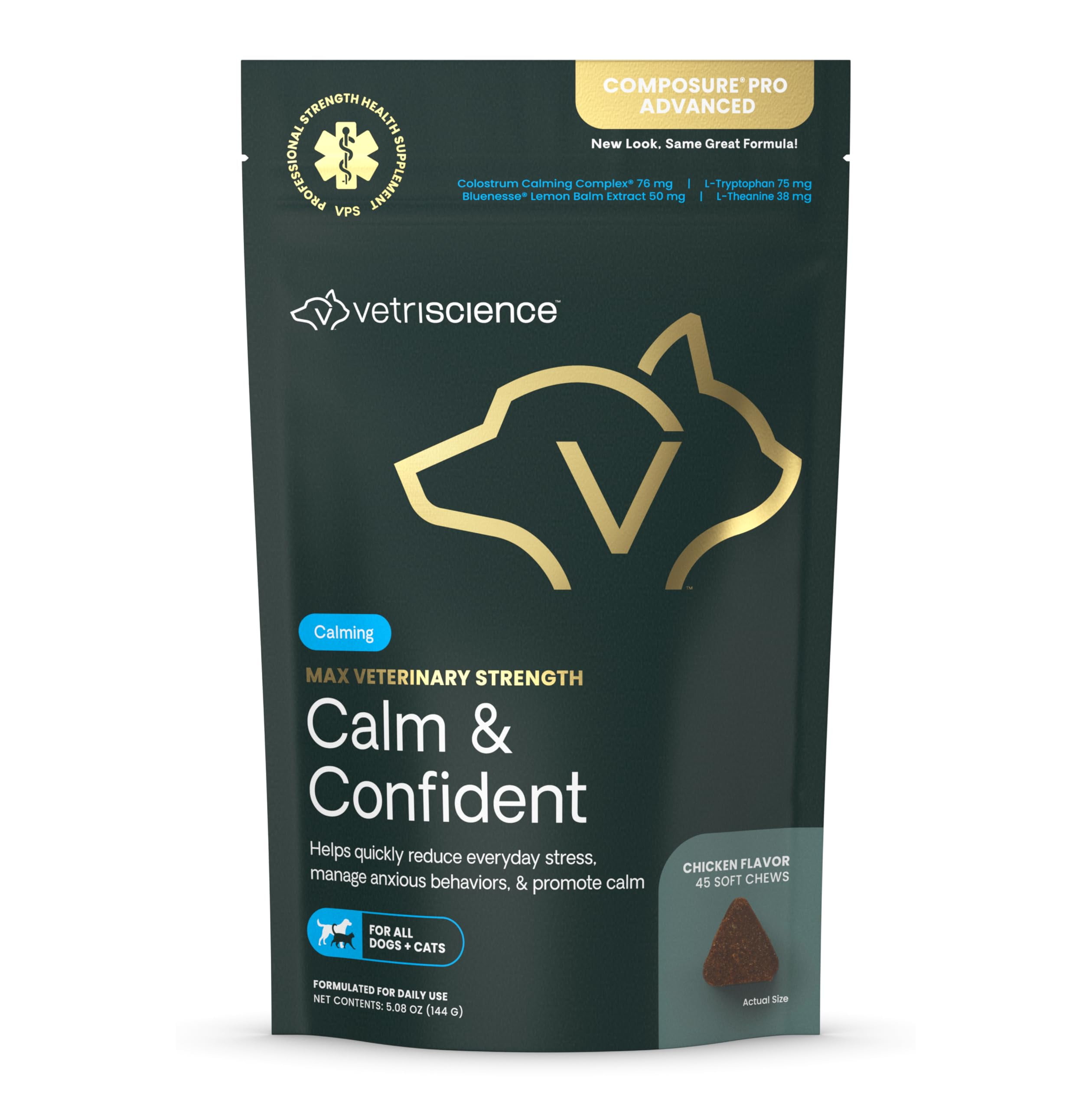 VetriScience Composure Pro Advanced TGF4- Advanced Calming Supplement for Dogs & Cats - Calming Aid Soft Chews - Chewable Calming Supplement - Advanced Calming Bite Formula - 45 Chews