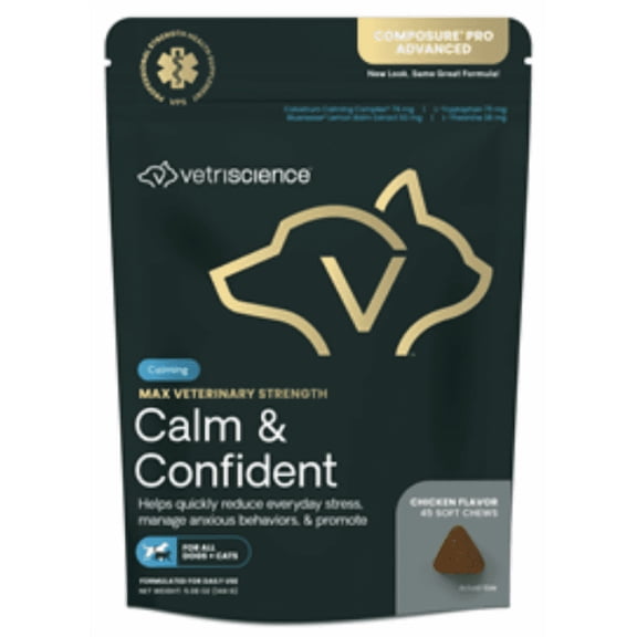 VetriScience Composure Pro Max Veterinary Strength Calm and Confident Soft Chews for All Dogs and Cats, Chicken Flavor, 45 Count