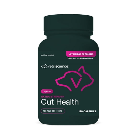 VetriScience Extra Strength Gut Health Probiotic Capsules for Dog & Cat, Unflavored, 120 Count Bottle