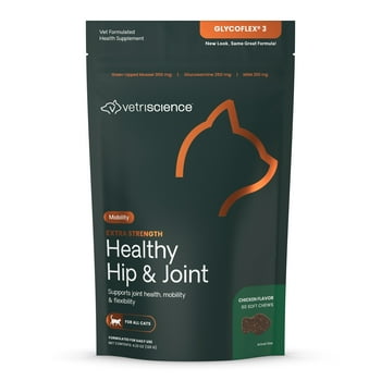 VetriScience Extra Strength Healthy Hip and Joint Supplement Chews for Cats, Chicken Liver Flavor, 60 Count Bag