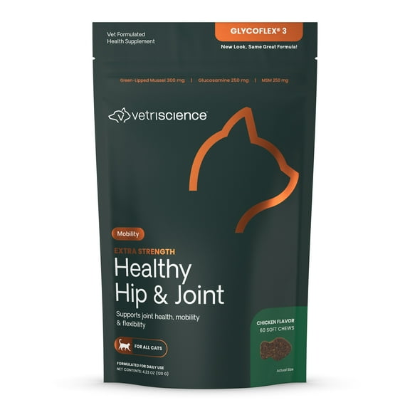 VetriScience Extra Strength Healthy Hip and Joint Supplement Chews for Cats, Chicken Liver Flavor, 60 Count Bag