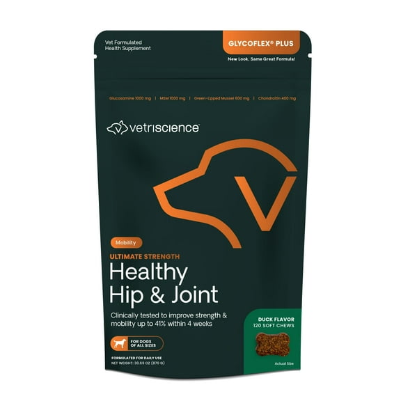 VetriScience Ultimate Strength Healthy Hip & Joint Glucosamine Supplement Chew for Dog, Duck Flavor, 120 Count Bag