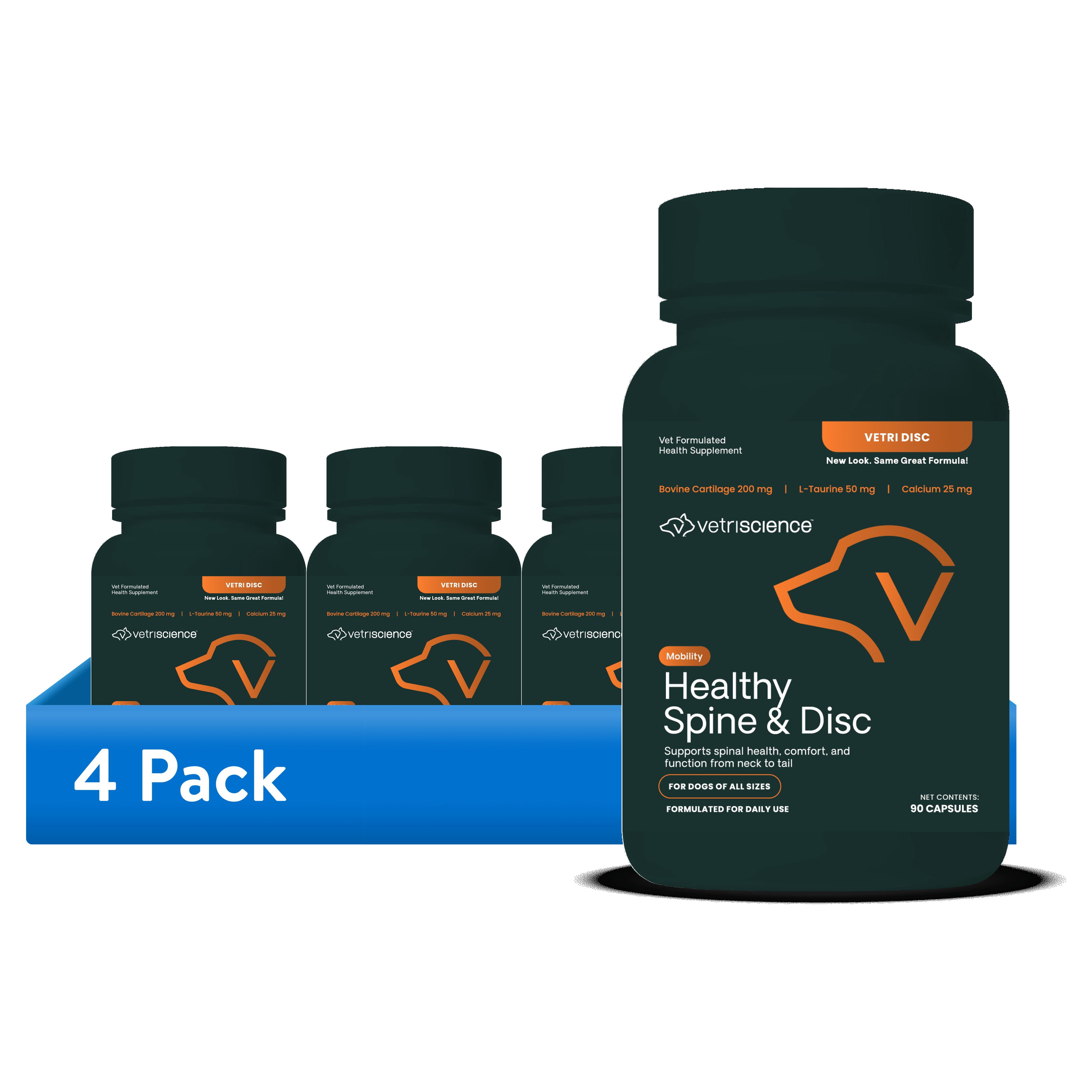 (4 pack) VetriScience Healthy Spine & Disc Bone Health Calcium Capsules for Dog, Unflavored 90 Count Bottle