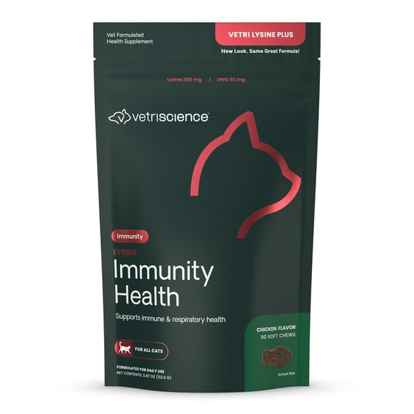VetriScience Lysine Immunity Health TMA2Chews, 250 mg Lysine Plus Immune Supplement for Cats and Kittens with Allergies, Sneezing, Runny Nose and Watery Eyes, Chicken, 90 Count