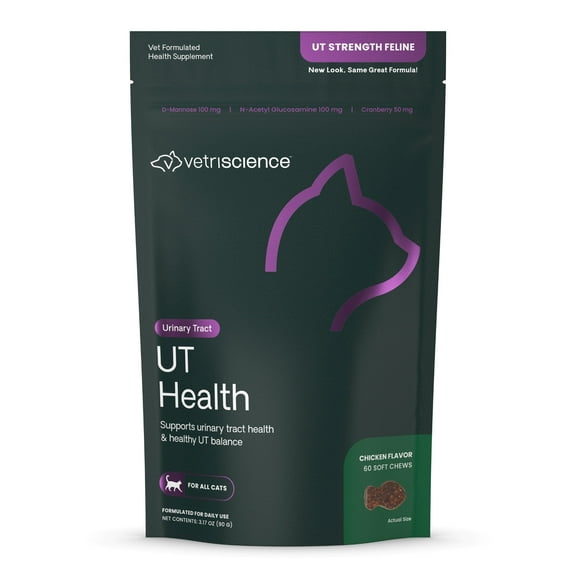 VetriScience UT Strength Urinary Care Supplements Chew for Cats, Chicken Liver Flavor, 60 Count Bag