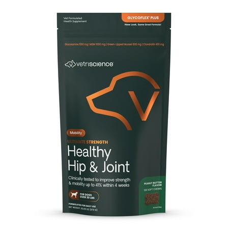 VetriScience Ultimate Strength Healthy Hip & Joint Care Supplement Chew for MD/LG Dog Peanut Butter 120 Ct Bag