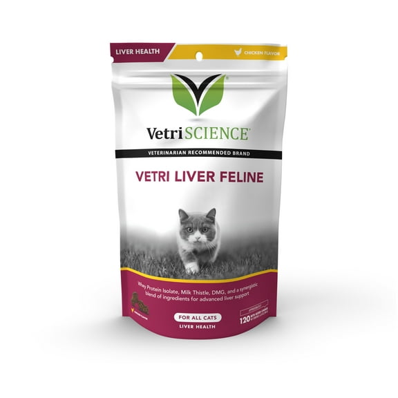 VetriScience Vetri Liver Feline, Liver Support and Detoxification for Cats, Chicken Flavor, 120 Bite-sized Chews