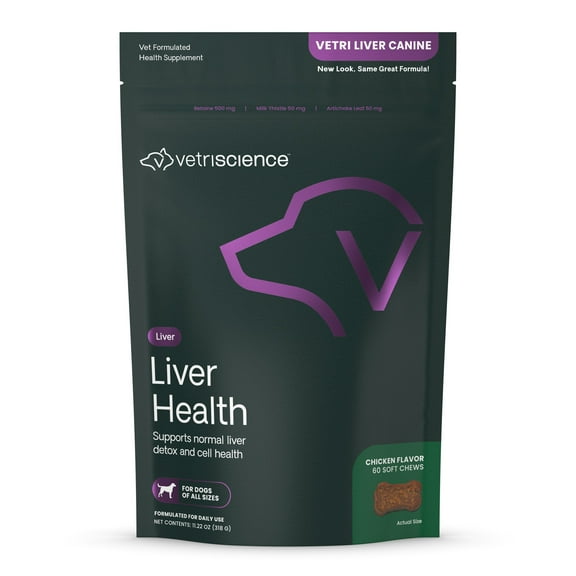 VetriScience Liver Support Antioxidant Supplement Chews for Dogs, Chicken Liver Flavor, 60 Count Bag
