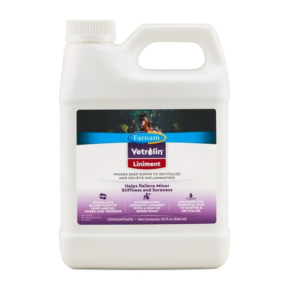 Farnam Vetrolin Horse Liniment for Muscle Soreness, Stiffness and Inflammation Relief on Horses, Helps Reduce Swelling 32 Fluid Ounces