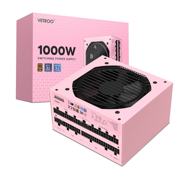 Vetroo 1000W Pink Power Supply ATX 3.1 Ready Dual PCIe 5.1, 80 Plus Gold Full Modular, Japanese 105°C Capacitors, Eco Mode with 120mm FDB Fan, Compact Size, 10 Year After-Sales Service
