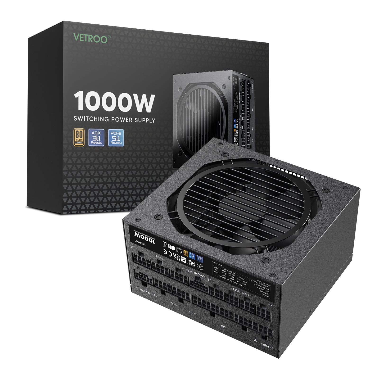 Vetroo 1000W ATX Computer Power Supply with Dual PCIe 5.1, 80 Plus Gold, Full Modular