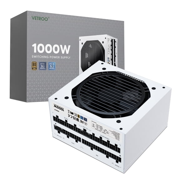 Vetroo 1000W Power Supply ATX 3.1 Ready Dual PCIe 5.1, White ATX Gaming 80 Plus Gold Full Modular Standard Compact Size PSU, Japanese 105°C Capacitors, Eco Mode w/ 120mm FDB Fan, 10 Year Warranty