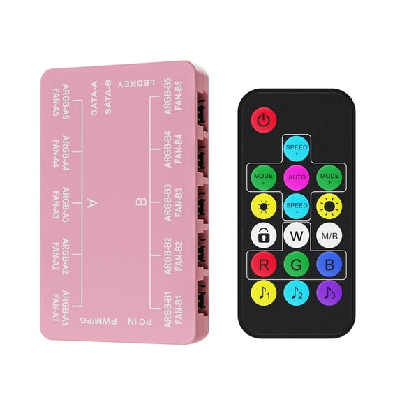 Vetroo 20-Port Case Fan Hub with Remote, SATA Power 10-Port 4-Pin PWM Fan Speed and 10-Port 3-Pin ARGB Lighting Controller (Pink)