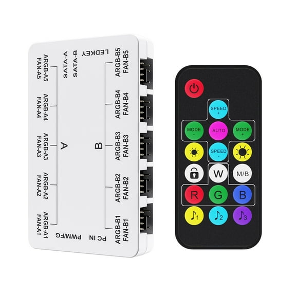 Vetroo 20-Port Case Fan Hub with Remote, SATA Power 10-Port 4-Pin PWM Fan Speed and 10-Port 3-Pin ARGB Lighting Controller (White)