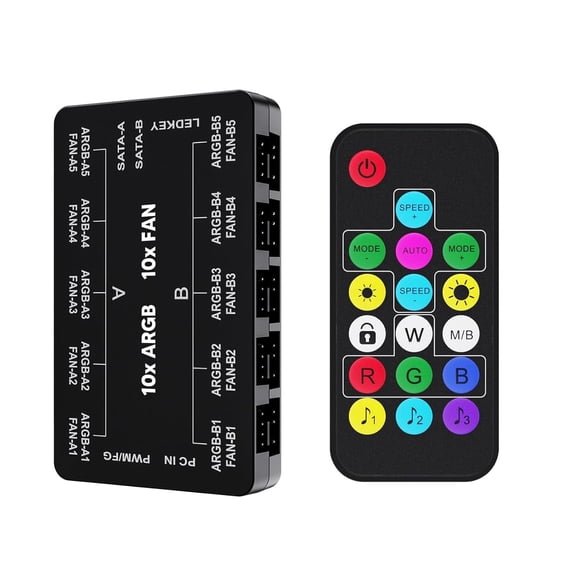 Vetroo ARGB & PWM Case Fan Hub with Remote, SATA Power 10-Port 4-Pin PWM Fan Speed and 10-Port 3-Pin ARGB Lighting Controller - Black
