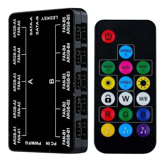 Vetroo 20-Port Case Fan Hub with Remote, SATA Power 10-Port 4-Pin PWM Fan Speed and 10-Port 3-Pin ARGB Lighting Controller