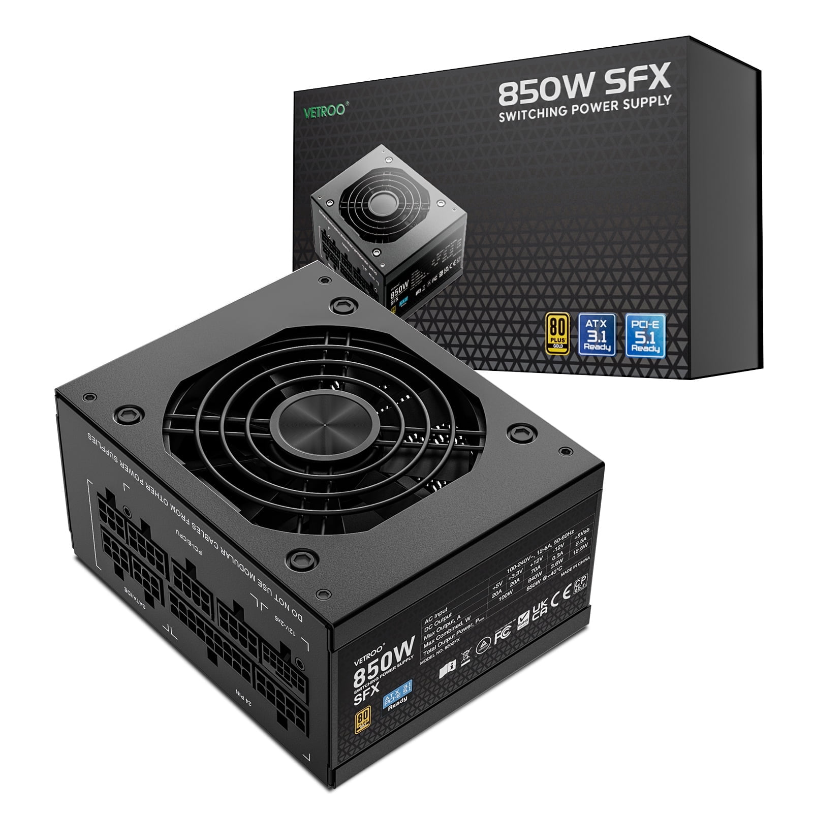 Vetroo 850W Black SFX Power Supply ATX 3.1 & PCIE 5.1 Ready, 80 Plus Gold Certificate Fully Modular
