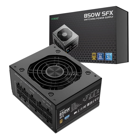 Vetroo 850W Black SFX Power Supply ATX 3.1 & PCIE 5.1 Ready, 80 Plus Gold Certificate Fully Modular