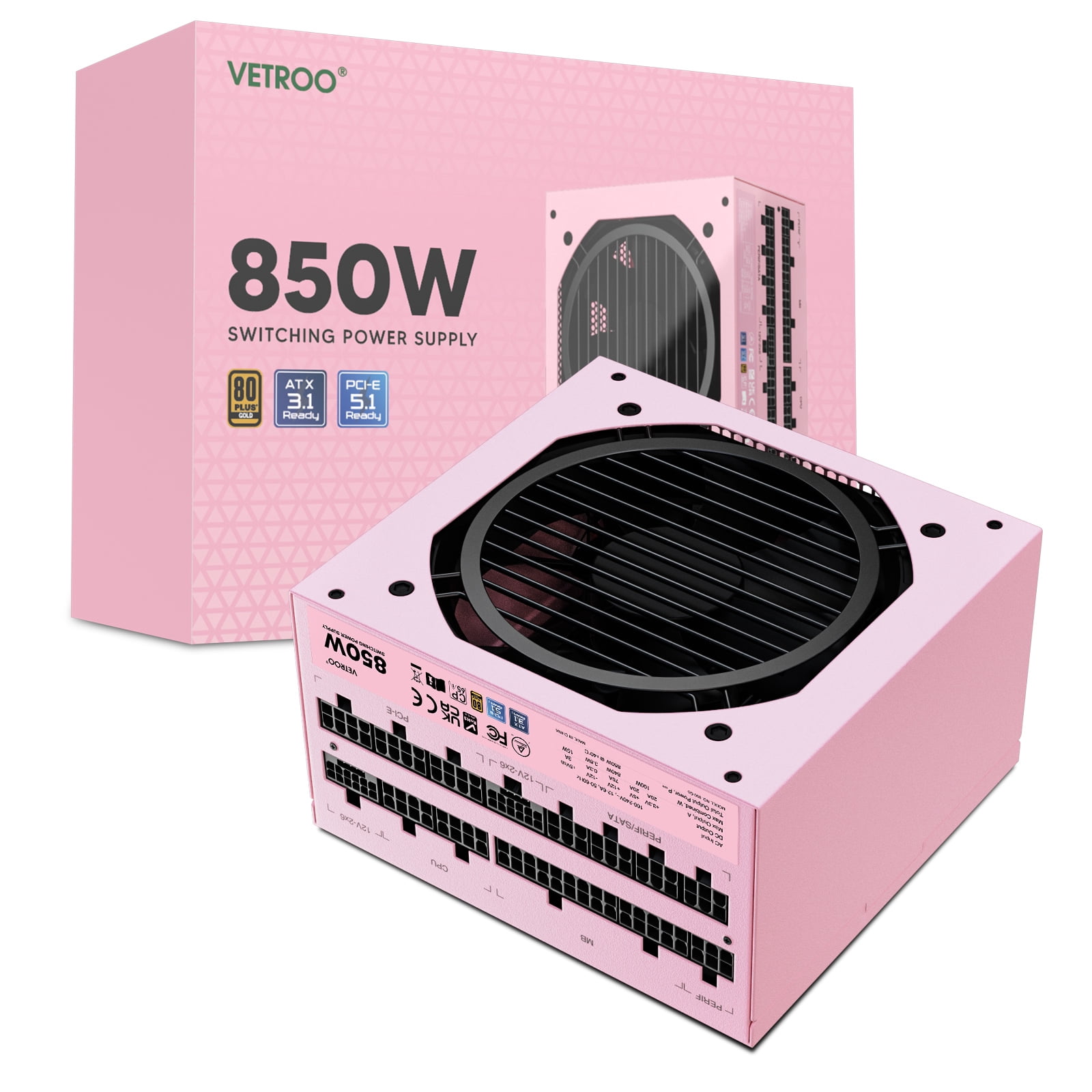 Vetroo 850W Power Supply Dual PCIe 5.1 ATX 3.1 Ready, 80 Plus Gold Full Modular, Quiet Operation with 120mm FDB Fan, 10-Year Warranty - Pink