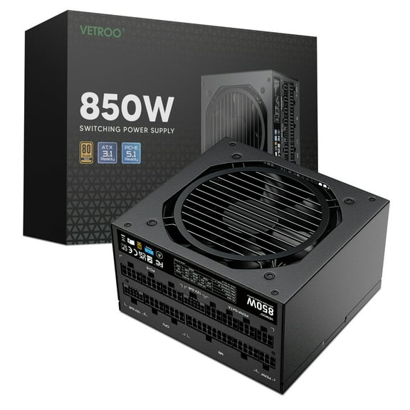 Vetroo 850W Power Supply Dual PCIe 5.1 ATX 3.1 Ready, 80 Plus Gold Full Modular, Quiet Operation with 120mm FDB Fan, 10-Year Warranty - Black