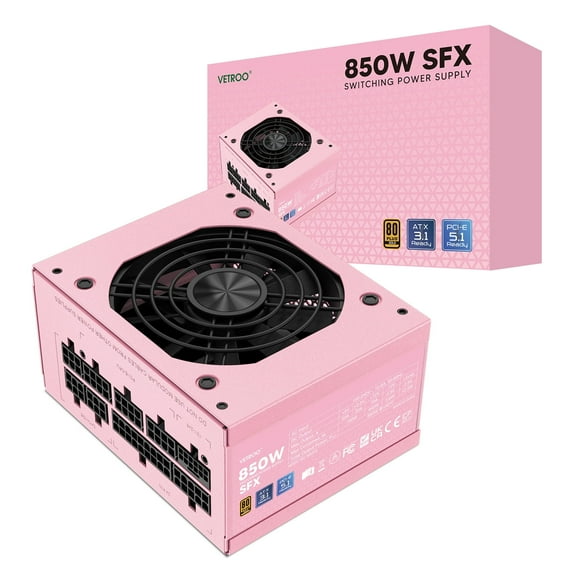 Vetroo 850W SFX Power Supply ATX 3.1 & PCIE 5.1 Ready, 80 Plus Gold Certificate Fully Modular, 90mm FDB Fan for Low-Noise Operation, SFX-to-ATX Bracket, 10-Year Warranty - Pink