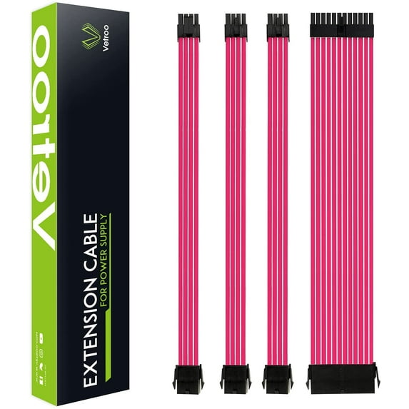 Vetroo PSU Extension Cable Sleeved Customization Mod PC Power Supply Cable, Soft Nylon Braided with Comb Kit 18AWG ATX/EPS/8 Pin PCI-E/6+2 Pin PCI-E (Pink)