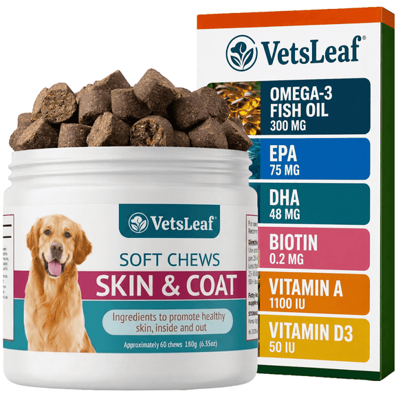 VetsLeaf Dog Skin and Coat Supplement Chews - Omega-3 Fish Oil, EPA & DHA, Biotin, Vitamin A & D3 - Coat Shine, Skin Hydration, Shedding & Itch Relief - Made in USA - 60 Count
