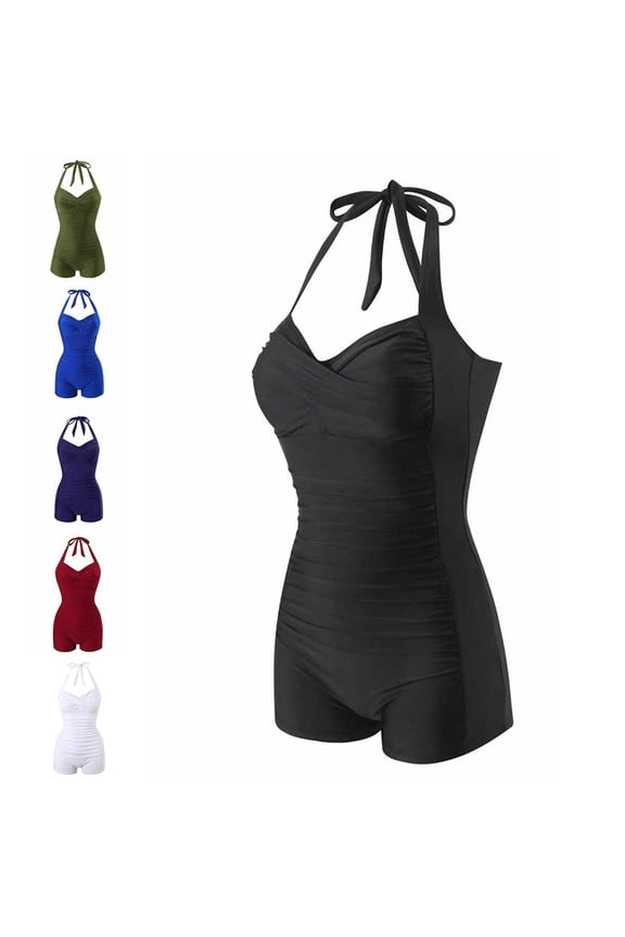 1 Piece Swim Suits for Women Solid Color Swimwear Boyleg Shorts Tummy Control Vacation Halter,Womens Bath Suits Tankini