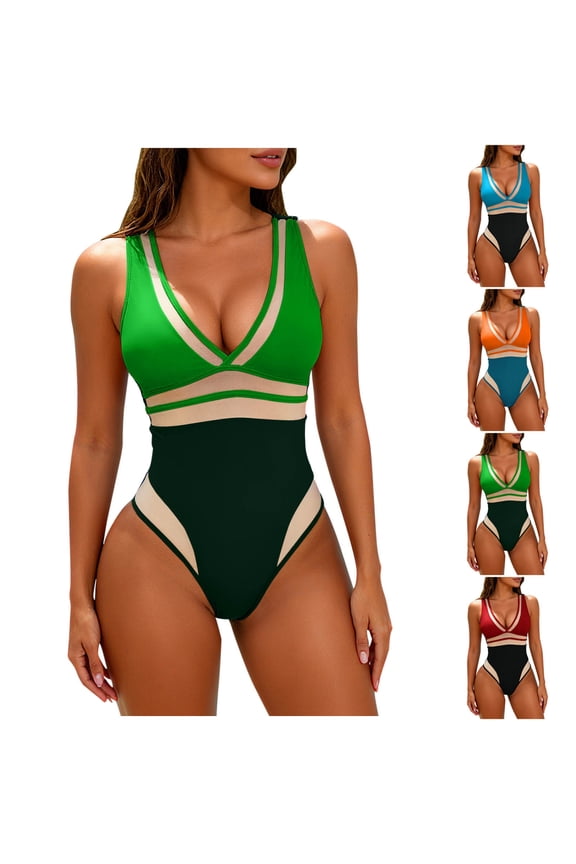 1 Piece Swim Suits for Women Tankini Tummy Control Swimwear Patchwork Color Tummy Control Casual,Strap Ladies Bath Suits Vacation