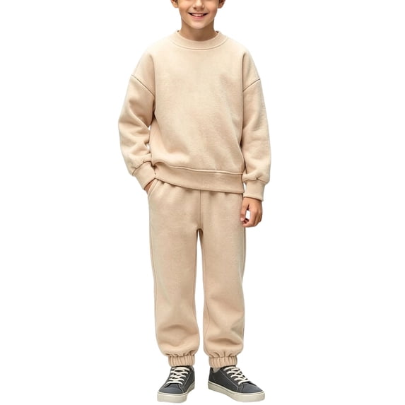 Vetsdori 2 Pieces Outfits for Boy Pockets Winter Casual Solid Color Sports, Sweatshirts and Jogger Pants Elastic Waist Kids Clothing, Khaki, Size: 5-6 Years