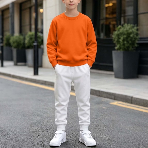 Vetsdori 2 Pieces Outfits Sets for Boy Sports Winter Pockets Cotton, Solid Color Elastic Waist Casual Long Sleeve Tops and Joggers Kids Clothing Crew Neck, Orange, Size: 5-6 Years
